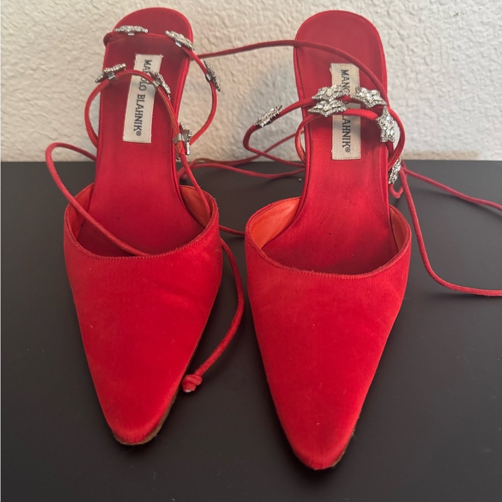 Manolo Blahnik Red Satin Heels